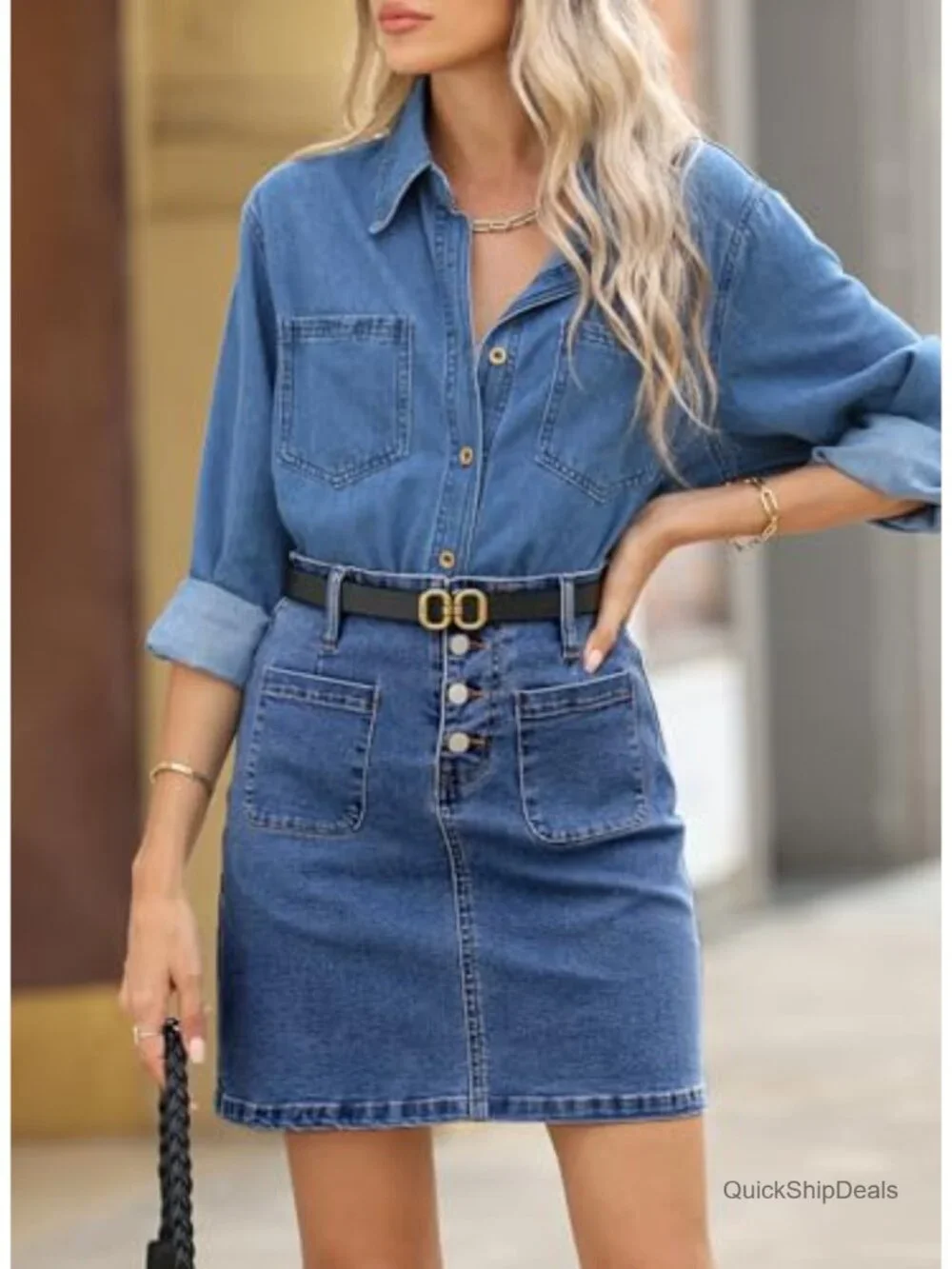 High Waist A-Line Denim Skirt with Pockets, Cotton Blend, Button Down